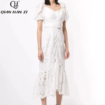 

Qian Han Zi Designer Runway Fashion Summer Women Dress 2020 Embroidered Hollow out Belt Slim cotton White Elegant bodycon dress