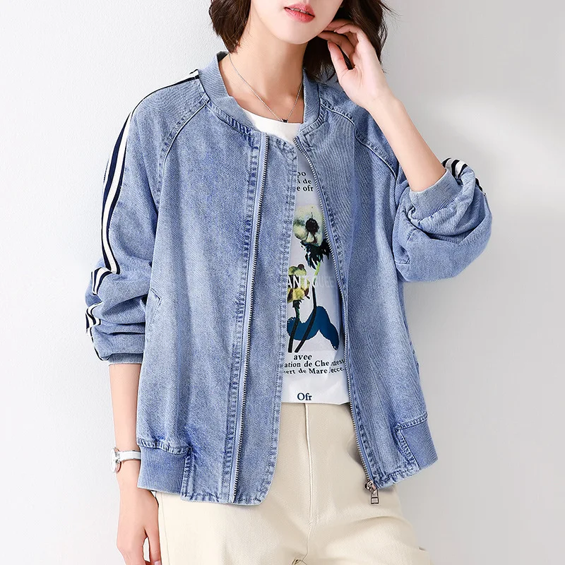 

2019 Autumn Clothing New Style Back Embroidery Joint Denim Jacket Loose Casual by Age Stripes Baseball Uniform Coat Women's