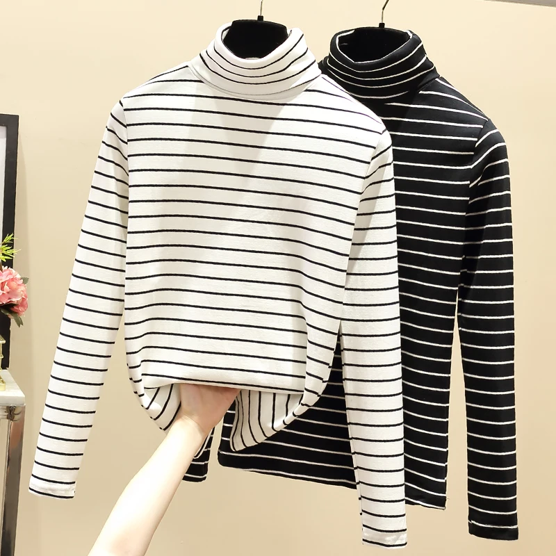 

gkfnmt Casual Striped Women T-Shirt Long Sleeve Korean Cotton Tshirt Top Womens Clothing Autumn Winter Turtleneck T Shirt Femme