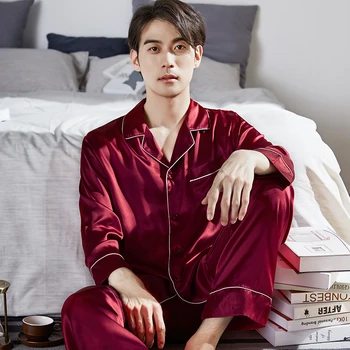 

100% Real Silk Pajama for Men Lounge Sleepwear Pyjamas Solid Pijamas Homme Home Clothes Male PJs Hangzhou Pure Silk Pajamas Sets
