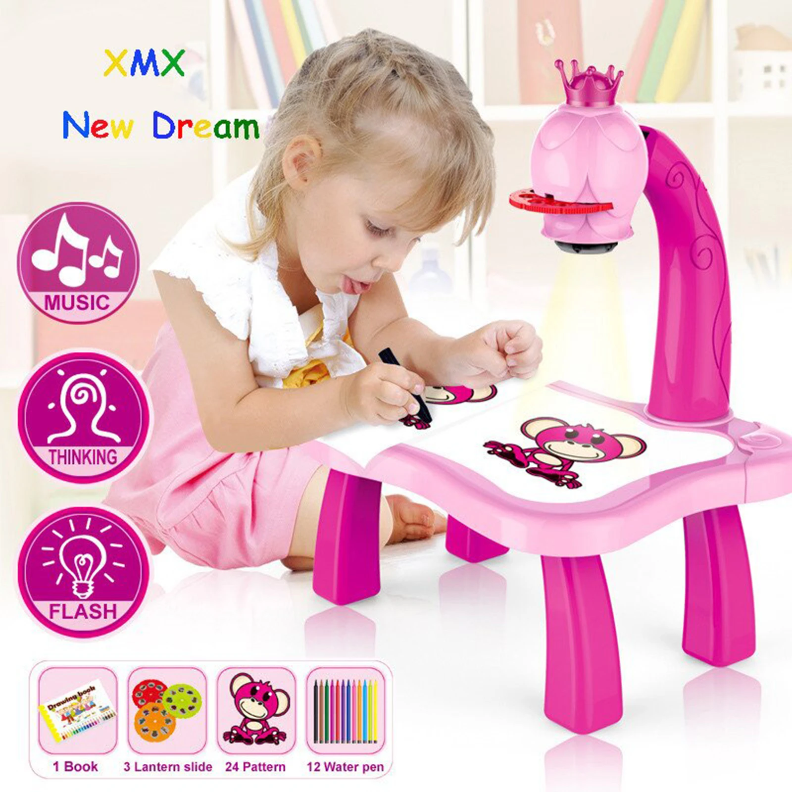 Trace and Draw Projector Toy Projector Painting Set Early Educational Learning Drawing Board Pink Yellow Giraffe Drawing Projector Table for Kids