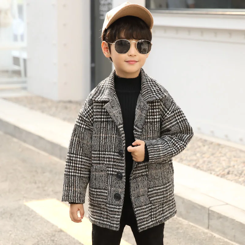 

Childrenswear BOY'S Coat 2019 Spring New Style Children Korean-style Casual Tops Big Boy Thousands of Birds Woolen Overcoat