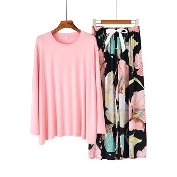 

Casual Soft Bathrobe Pyjamas Homewear Korean Style Modal 2pcs Pajamas Set Women Sleepwear Black Print Flower Nightwear Sleep Set