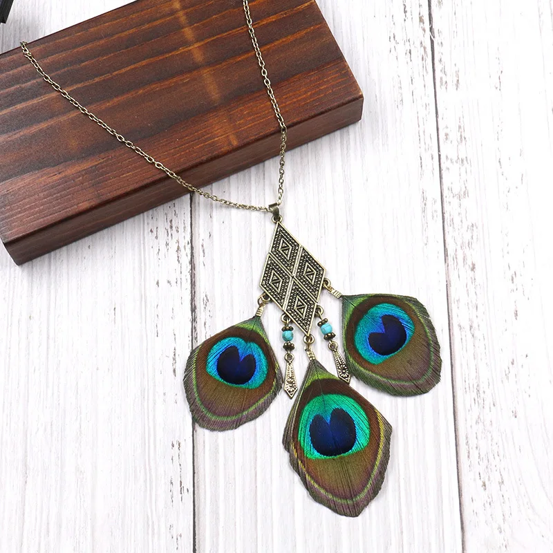 

Bohemian Ethnic Style Peacock Feather Pendant Necklace Retro Rhombus Long Women's Sweater Chain