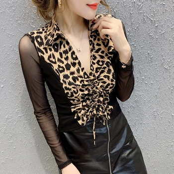 

Sexy Fashion V-Neck Mesh Lace Up Short Blouse Elegant Women Korean Clothes 2020 Spring Bottoming Shirt Ropa Mujer Tops T02615