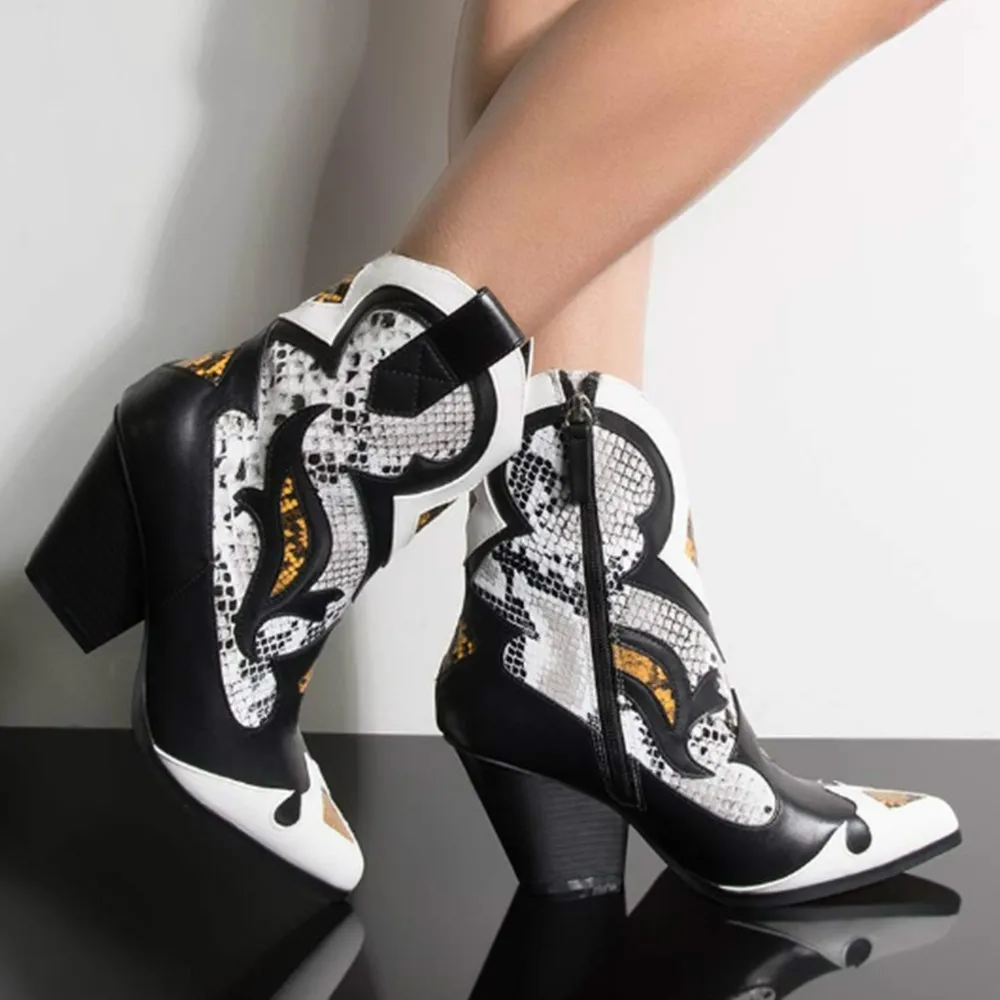 

2019 Autumn New Retro PU Leather Ankle Boots Woman Pointed Toe Microfiber Mixed Color Low Heel Boots Women Cowboy Boots Femme