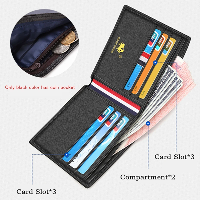 BISON DENIM Cow Leather Wallet Men Fashion Bifold Card Holder Wallet Male Short Standard Purse High Quality N4475