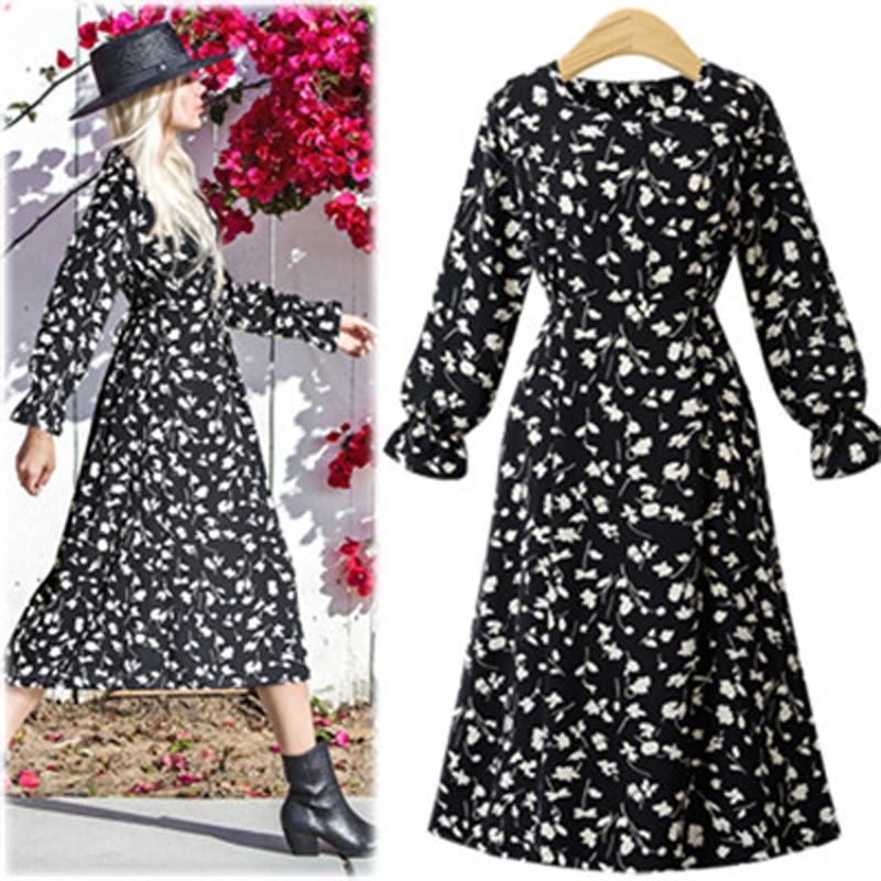 

Spring Autumn Plus Size Floral Chiffon Dress Women O-Neck Long Sleeve Elastic Waist Ladies Long Dress vestidos Clothing