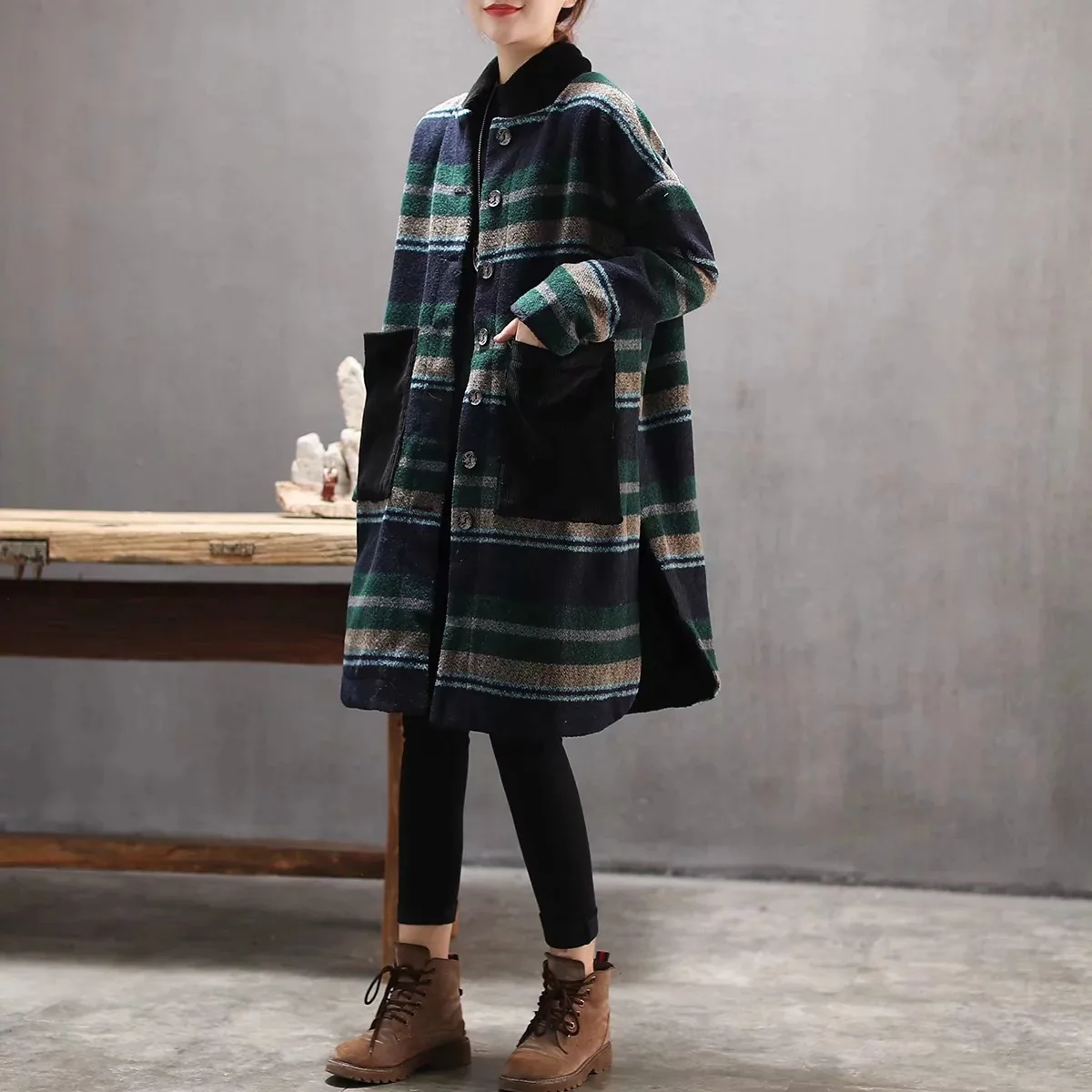 

New Style Woolen Gown Literature And Art Stripe Spell Color Versatile Stand Collar Large Pocket Mid-length Thick Cotton-padded C
