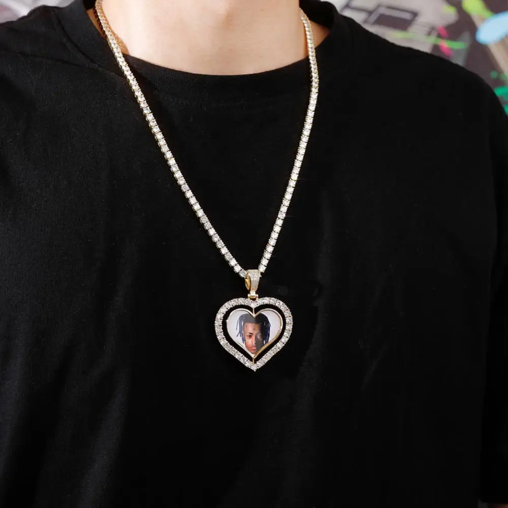 TOPGRILLZ Heart Shaped Custom Photo Spin Double Sided Medallion Pendant Necklace With 4mm Tennis Chain Zircon Hip Hop Jewelry Jewellery a4a426b9b388f11a2667f5: 4mm Tennis chain|Cuban chain|Franco chain|Rope chain