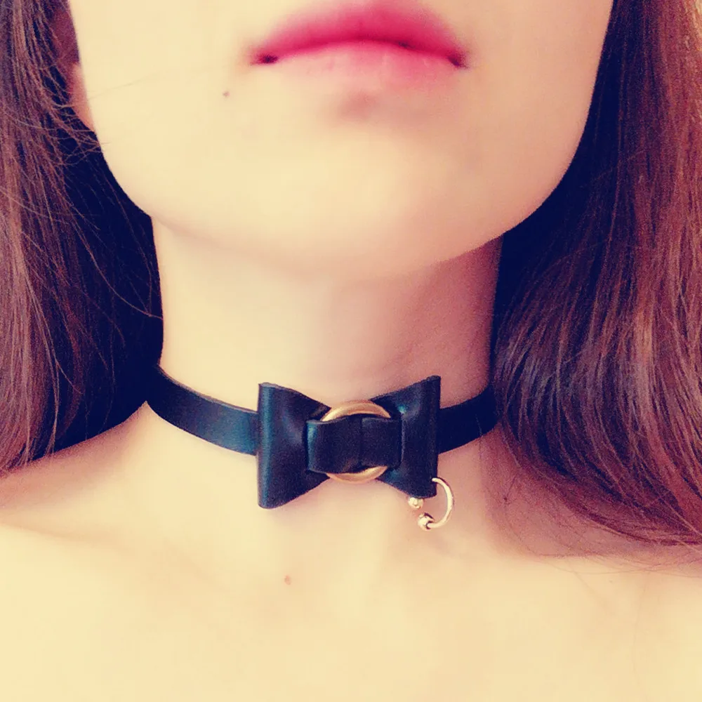 

Black And Red Genuine Leather Women Gothic Punk Choker Bow Necklace Chain 2019