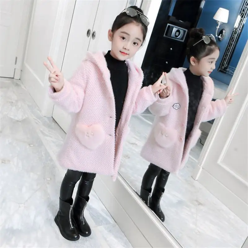 pink Осень-зима детская одежда для девочки, жакет из искусственного шерсть норки Верхняя одежда для детей Толстая теплая куртка кардиган с капюшоном для подростков, Хлопковая куртка для девочек W163 - Цвет: pink