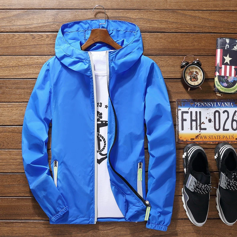 

Ultra Light Men's Summer Hooded Jacket Super Thin Windbreaker Packable Skin Coat Sunscreen Waterproof Beach Casual Jackets