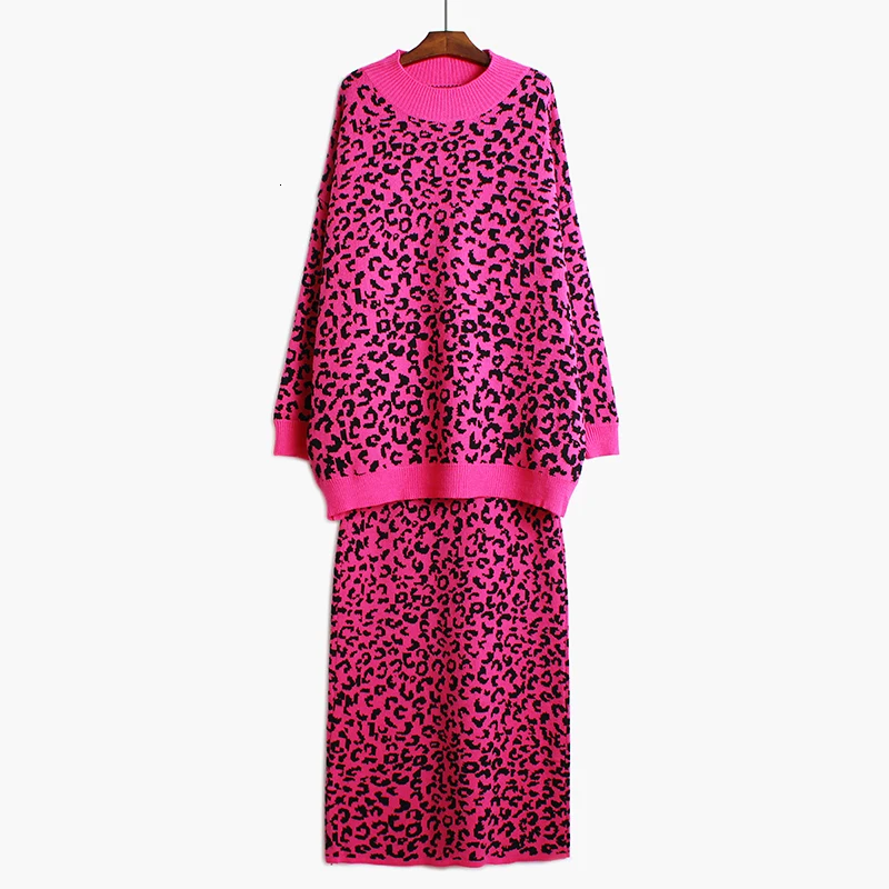 [EAM] юбка средней длины Леопардовый вязаный костюм из двух частей новая водолазка с длинным рукавом Женская мода весна осень 19A-a425