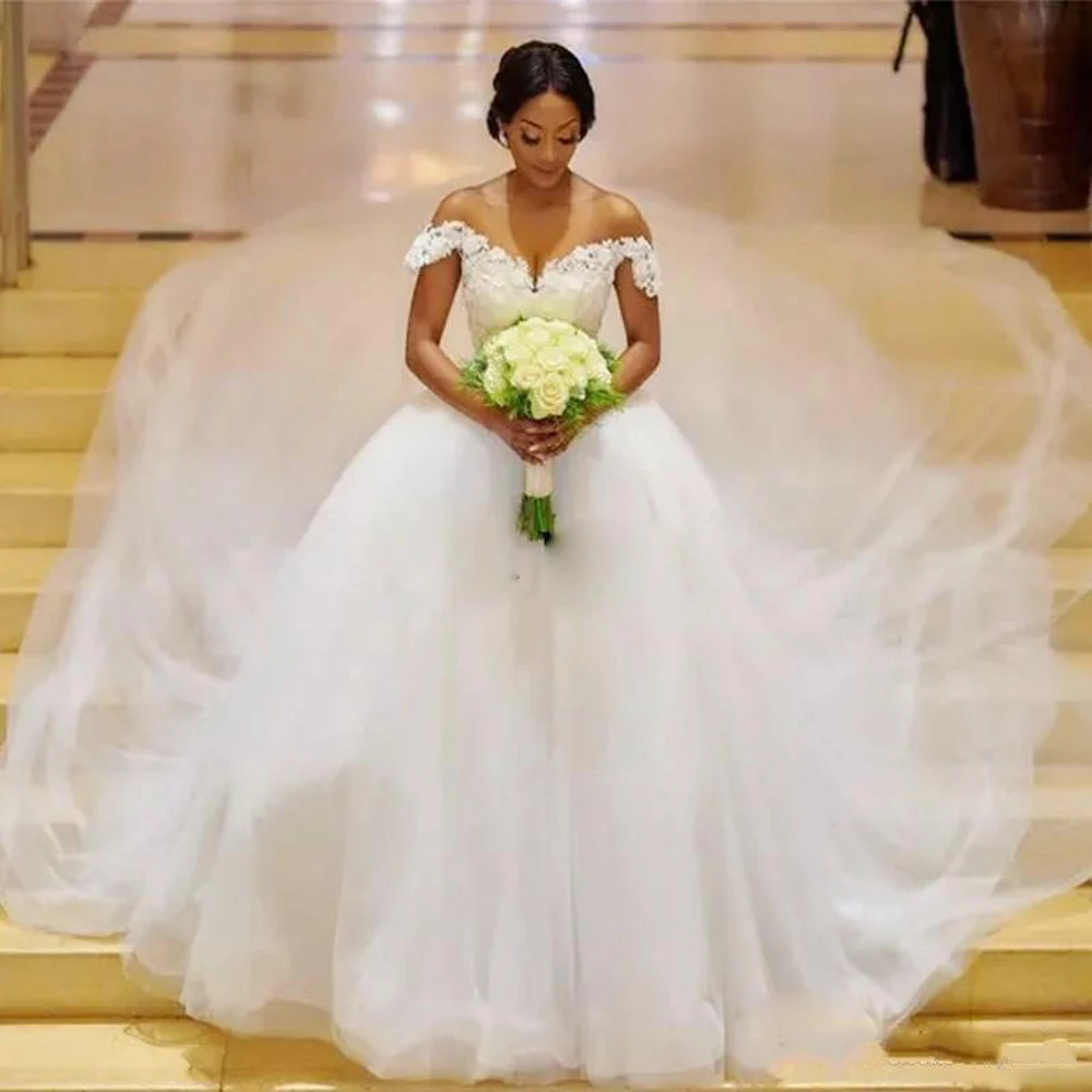 

Newest African Luxury Off Shoulder Beaded A Line Wedding Dress Arabic Sweetheart Long Plus Size Bridal Gowns Vestidos de novia
