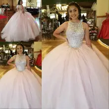Vestidos de 15 anos quinceanera блестящее украшение шеи бальное платье с блестками без спинки Тюль развертки поезд Очаровательная Милая официальная вечеринка