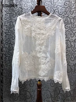 

100%Silk Tops Blouses 2020 Spring Summer White Tops Women Appliques Lace Patchwork Long Sleeve Vintage Tops Shirt Female Blusa