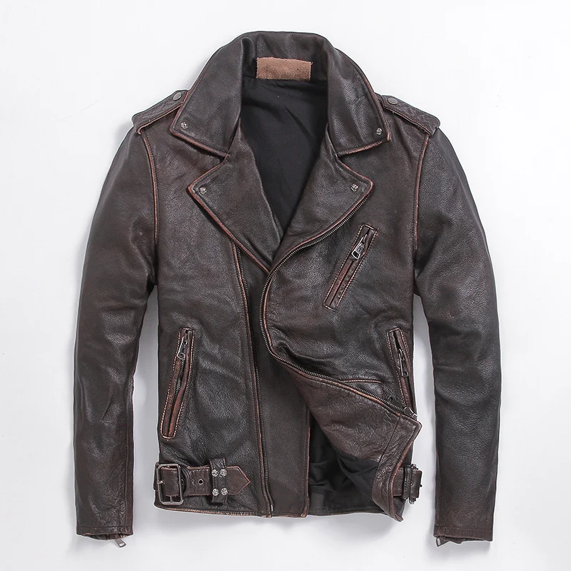 

Genuine Leather Jacket Men Clothes 2020 Real Cow Leather Coat Motorcycle Jacket Biker Brown Vintage Cowhide Coats L-Z-6 KJ6112