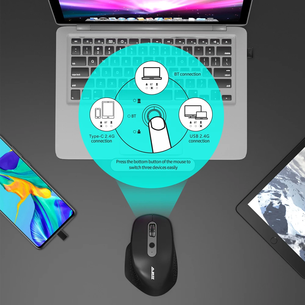 AJAZZ i660t 2.4G Wireless BT4.0 Type- C Port Mouse Multi- Mode Computer 3200DPI Ergonomics Portable Gaming Mouse For Desktop PC