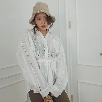 

Lace Hollow Out Long Blouse Women Sash Summer Blouse Kimono Elegant Top Shirt Oversized Shirt Korean Loose Long Sleeve Boyfriend