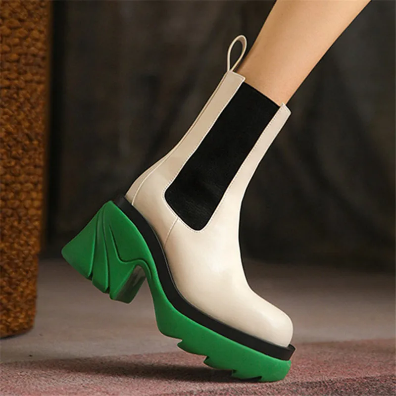 

2023 New Women Ankle Boots Thick Sole 8CM Chunky High Heel Chelsea Boots Ladies Short Booties Genuine Leather Botas Mujer