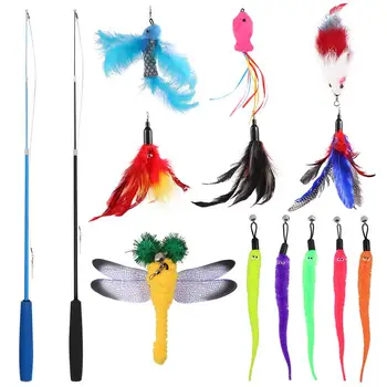 

2PCS Cat Teasers With 12 Feather Attachments Retractable Cat Wand Toys Catcher Teaser Funny Exercise Supplies For Cats