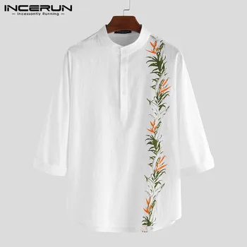 

INCERUN Cotton Printed Men Shirt Stand Collar Casual Half Sleeve Blouse Breathable Streetwear Shirts Vintage Summer Camisa S-3XL
