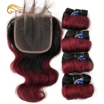 

Brazilian Curly Hair 4 Bundles With Closure 1B/27/30 Burgundy Ombre Bundles With Closure Remy Human Hair Weave Closure