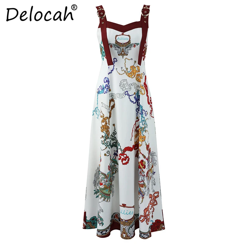 Delocah подиумная Мода Лето Спагетти ремень платье женские регулируемые ремни с открытой спиной печатные сбора талии винтажные платья