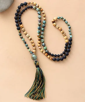 108 Beads Mala Natural Stone Lava Beads Long Tassel Necklace Women Bead Knotted Yoga Meditation Necklaces Jewelry