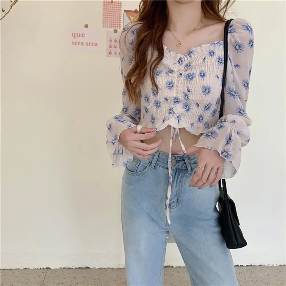 Women Blouse Vintage Long Sleeve Floral Print Blouses Shirts Girls Sweet Summer Ruffles Sexy Crop Top Chiffon Backless Blouse 1