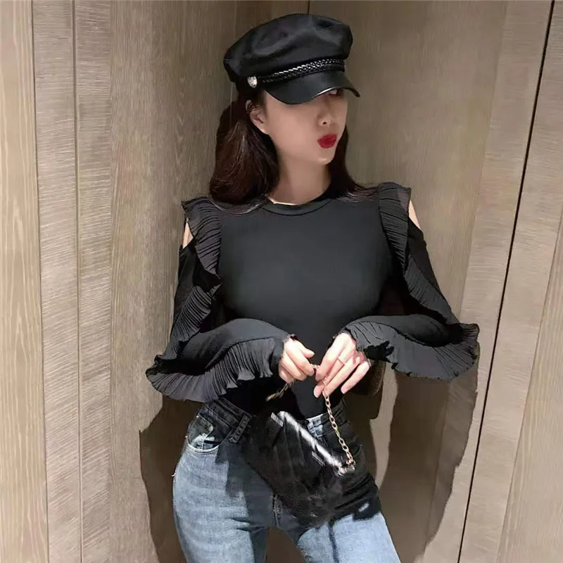 Joinyouth Корейская женская одежда шифоновая Лоскутная футболка с оборками без бретелек полный Топ Обычная модная женская рубашка тонкая с круглым вырезом 262