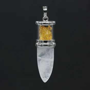 KFT Natural Healing Crystal Quartz Reiki Stone Pendulum Necklace Rock Crystal Citrines Bullet Shape Pendulum Stone Pendant