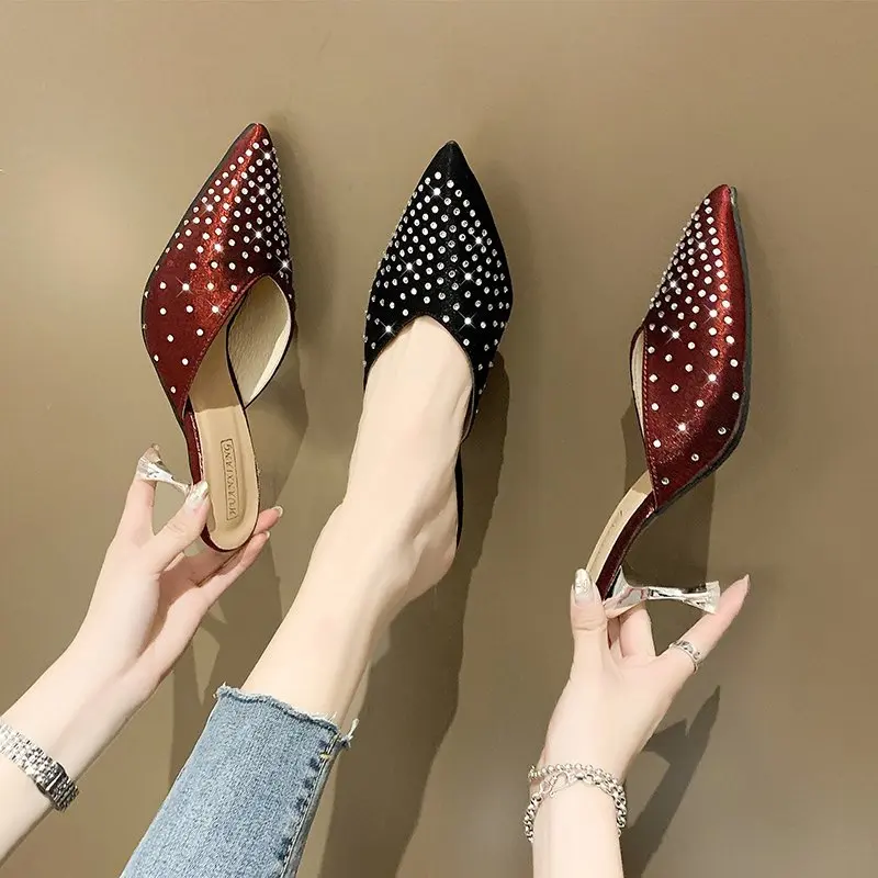

Women's Elegant Mules Woman Casual Slippers 2020 Rhinestones Ladies Fine Heels Fashion Female Pointed Toe Shoes Women Footwear
