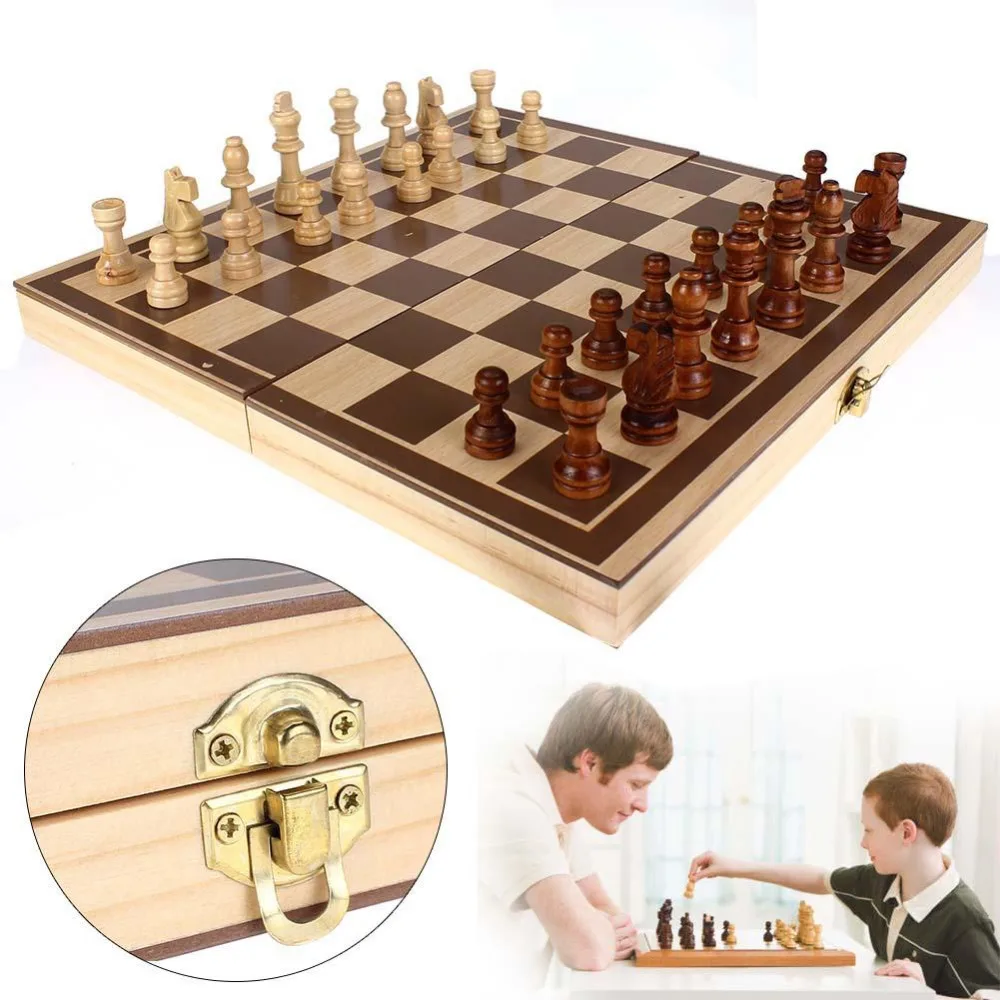 Vintage Wood Pieces Chess Set Folding Board Box Wood Hand Carved Gift Kid Toy