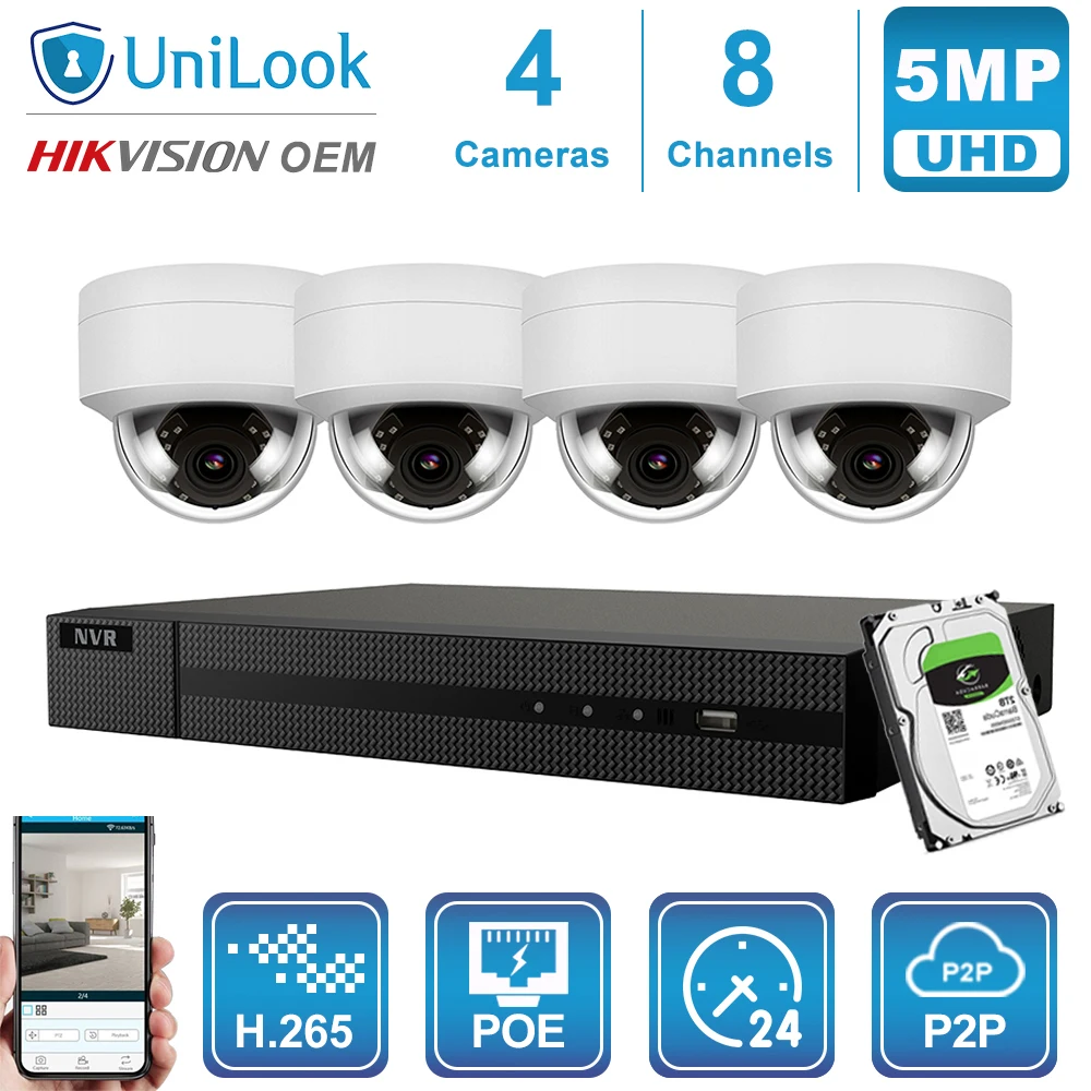 Hikvision OEM 8CH 4 к NVR 5MP купол/пулевые смешанные POE IP Камера 4/6/8 шт. Открытый безопасности H.265 ONVIF CCTV NVR Kit с 1/2/4 ТБ HDD