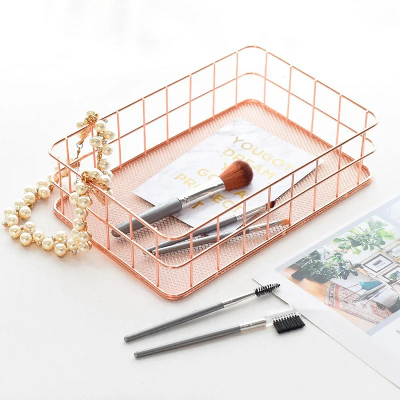 Rectangular Metal Storage Basket, Pink Gold Iron Storage Basket, Home Garden Office Basket, Finishing Iron Baskets Fruit Basket