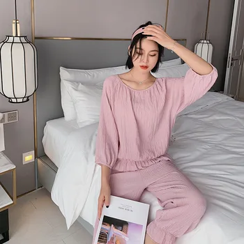 

20 Years Spring and Summer New Ladies Solid Color Pajamas Trendy Home Clothes Simple Cotton Comfortable Suit Pink Pyjamas Women