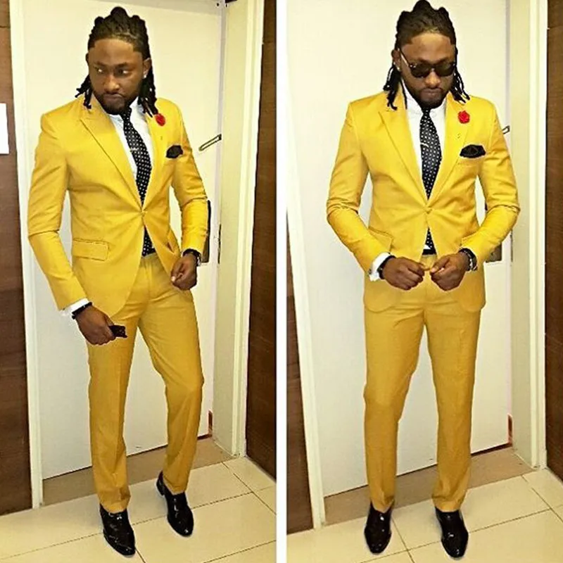 

Tailor Made Yellow Slim Fit Men's Wedding Prom Dinner Suit 2 Pieces Groom Tuxedos One Button Blazer Best Man Groomsman Costumes
