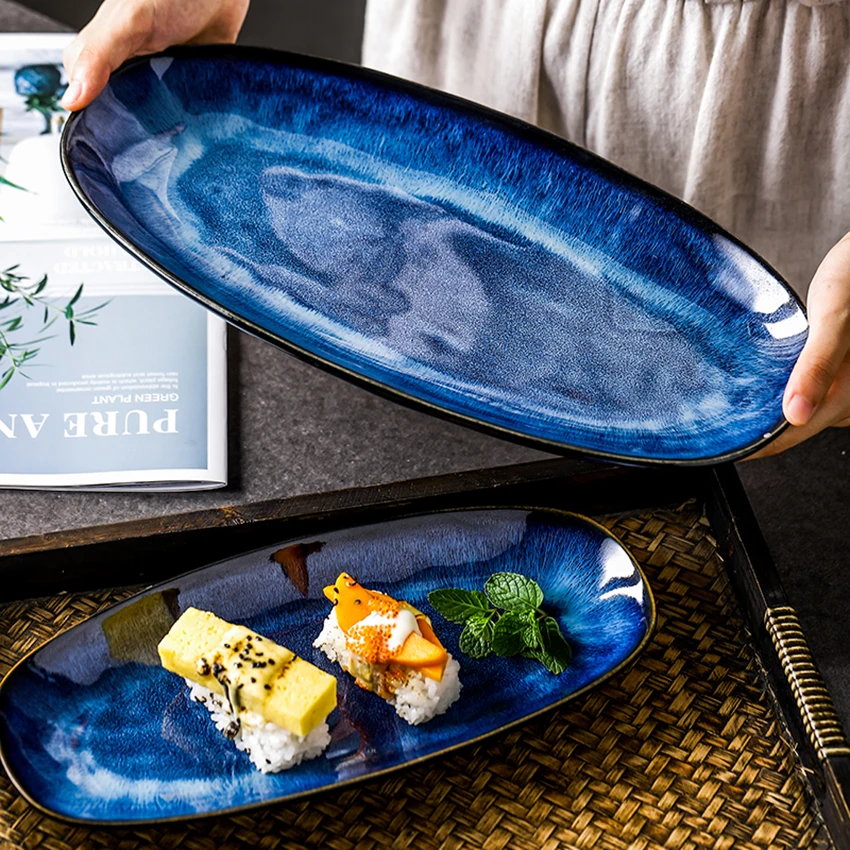Japanese Style Kiln Changing Serving Platter 28.3cm, 34.7cm, Porcelain Oval Dinner Plates for