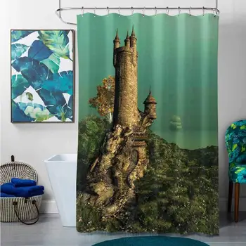 

Shower Curtains red Wine Medieval,Tower of Magician on Hill with Flower Meadow Greenery Fairytale Design,Jade Green Sand