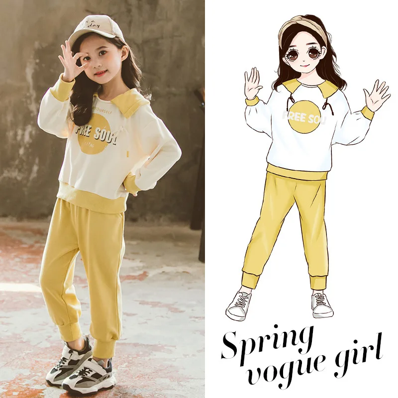 

Girls Spring Clothing Set New Style Korean-style chao yang Gas Big Boy Fold-down Collar Lettered Hoodie Two-Piece Set 1803c-1033