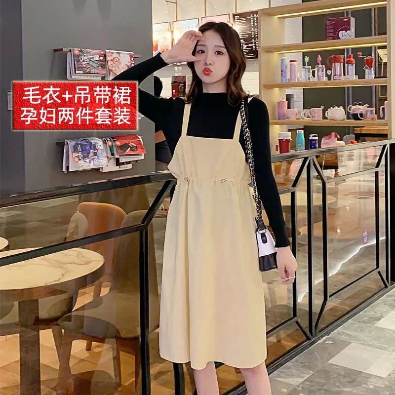 

Korean-style Pregnant Women Autumn Clothing Suspender Strap Dress Mid-length Suspender Strap Skirt-Style Strapped Dress + Sweate