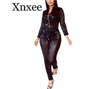 

Plus Size Glitter Jumpsuit Women Long Sleeve Zipper Drawstring High Waist Bodycon Long Pants Romper Sparkly Club Party Jumpsuits