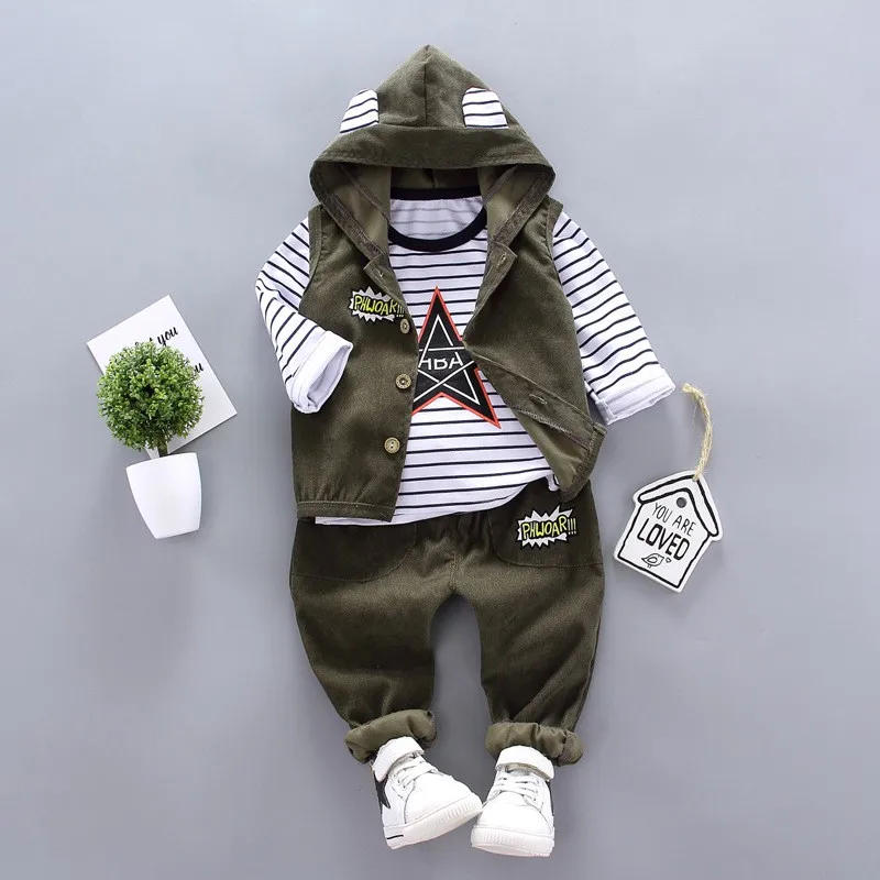

3Pcs Toddler Baby boy Clothes Baby Boy Cute Striped Print t-shirt Pants Three-piece Suit Girls Autumn Long Shirt Trousers Vest