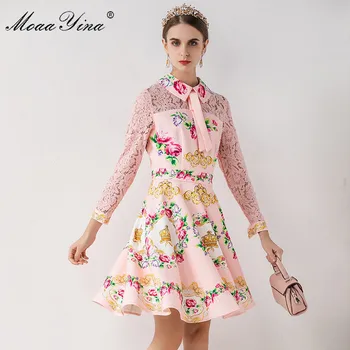 

MoaaYina Fashion Designer dress Spring Autumn Women's Dress Lace Long sleeve Floral-Print Elegant Dresses