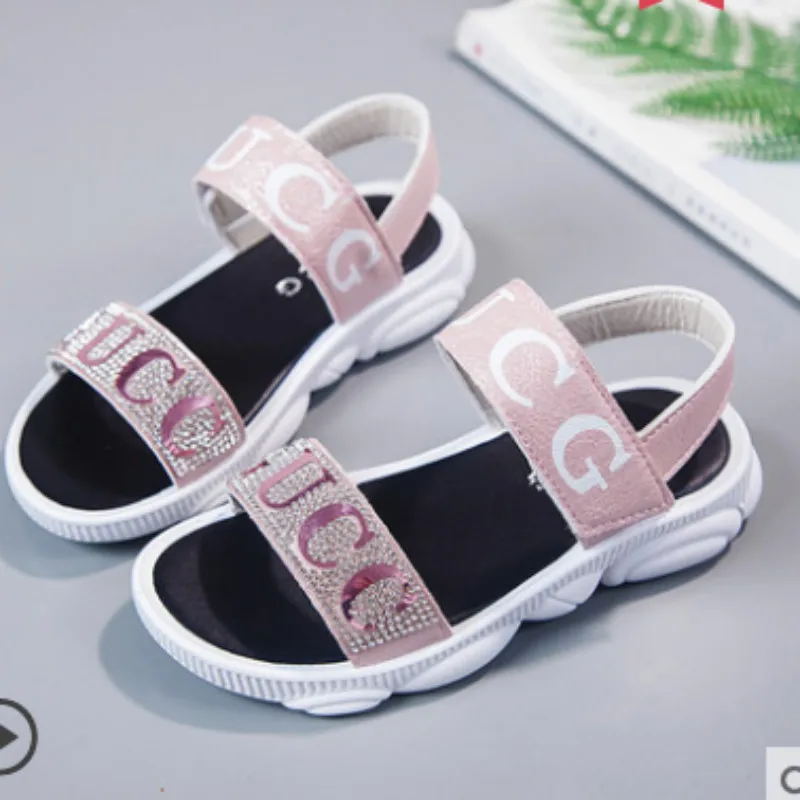

Litter Girl Hoop & Loop Sandals Spongy Insole for Tender Foot Open Toe Summer Shoes For Kid Primary School Student Loverly Bling