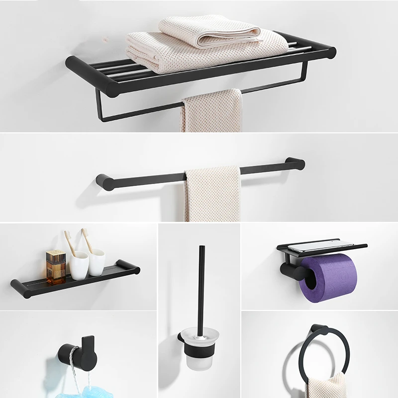 

Nordic Towel Rack Black Matte Stainless Steel Shower Corner Shelf Toilet Brush Wall Mount Bathroom Hardware Set Bath Accessories