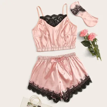 

3PC Women's Lace Satin Pajamas Set Sexy Sleepwear Nightwear Sexy Camisole Bowknot Shorts Pyjamas Set With Eye Mask Home Clothes