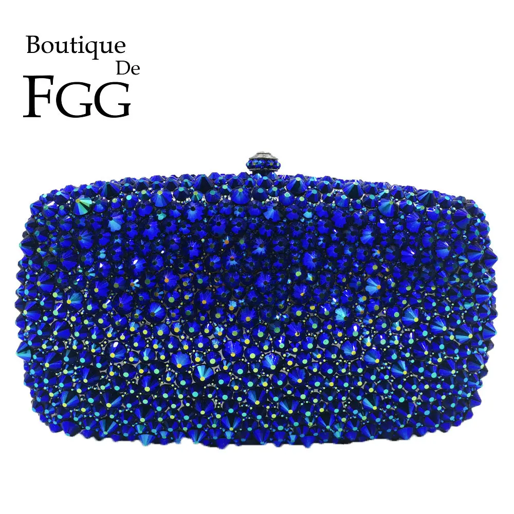 Boutique De FGG женский вечерний клатч с синими кристаллами, сумочка с шипами, свадебные металлические клатчи с бриллиантами, сумка Minaudiere